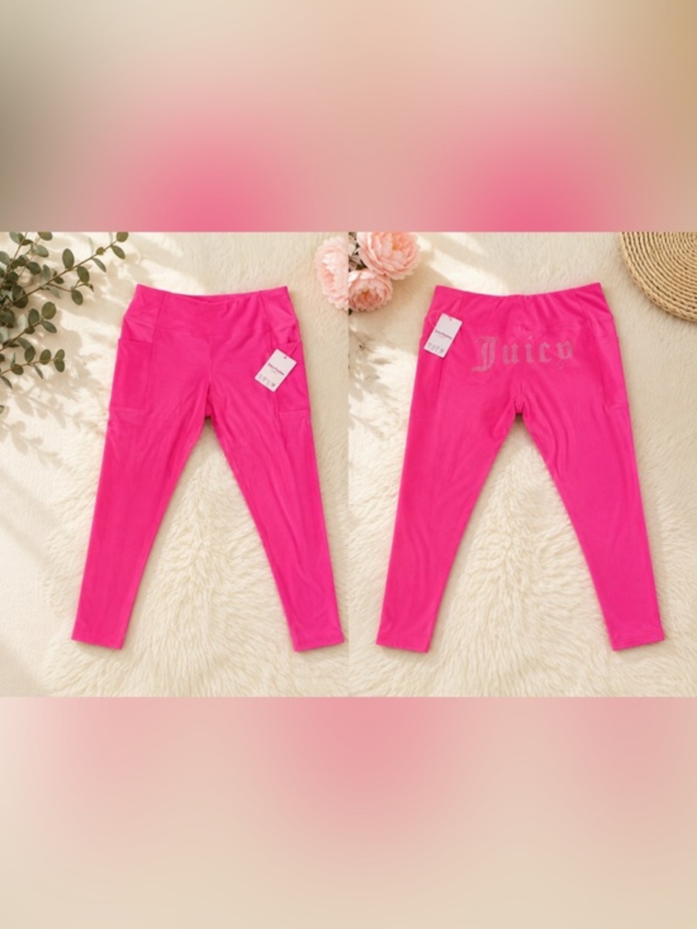 Juicy Couture Sport Pink Leggings with Rhinestone Logo & Pockets - Size L (NWT)